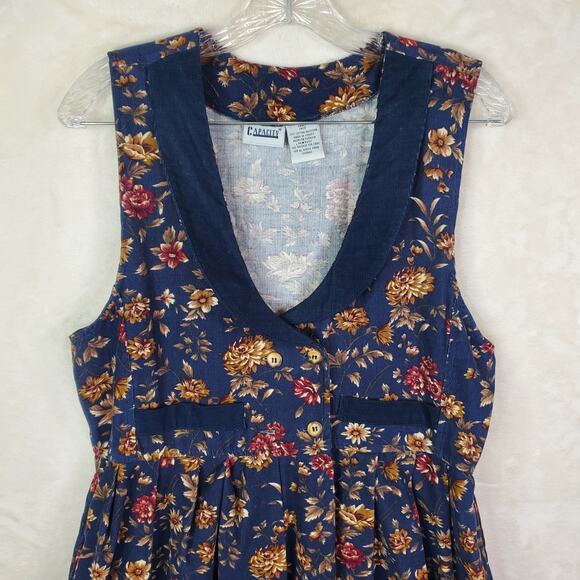 VTG 90's Capacity Jumper Dress Small Navy Blue Red Floral Midi Corduroy V Neck - Picture 2 of 9